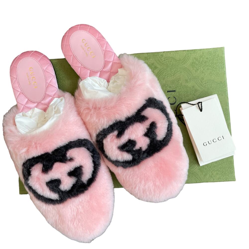 Gucci Pink Faux Fur Slippers with Black Double-G Emblem